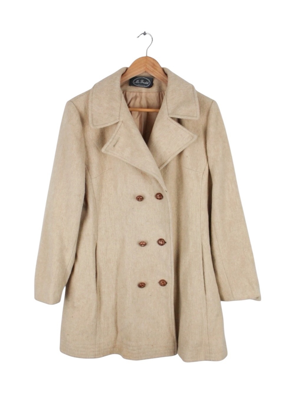 Ms. Freddi Wool Blend Peacoat‎ Women's L Beige Tan Double Breasted Made in USA
